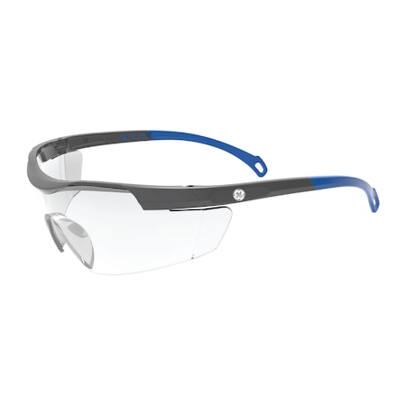 Ge Safety Glasses, Anti-Scratch, Clear Lens, Gray/Blue Frame GE101C
